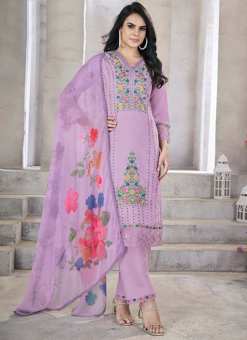 Buy Lavender Roman Silk Hand Work Festival Wear Readymade Straight Suit ...